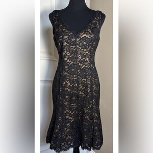 Anne Klein Black cocktail Floral Lace Sheath Midi Dress Brown Lining V-Neck Sz 6